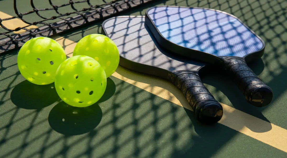 A detailed outdoor view focusing on two pickleball paddles and three green pickleballs resting near a tennis net. The scene conveys activity and the opportunity for playful competition and fitness.
